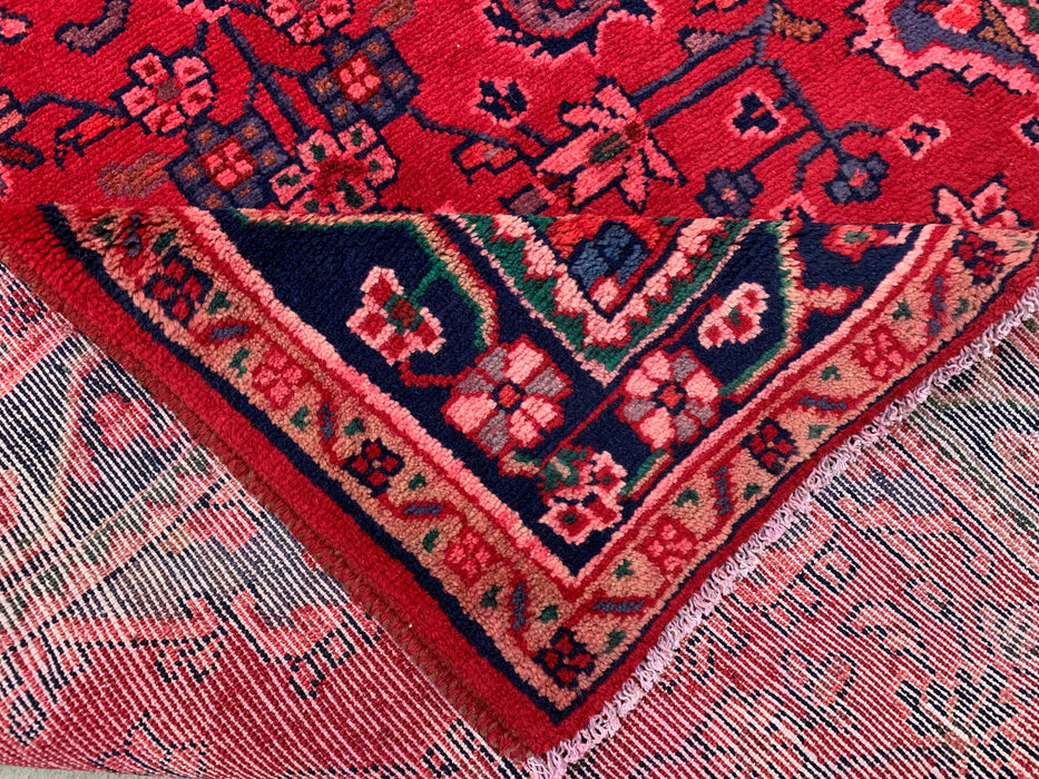 9'2 x 3'5 Hand-Knotted Persian Wool Runner Rug in Red, Navy & Pink Traditional Floral Medallion Design | KBHM-1054