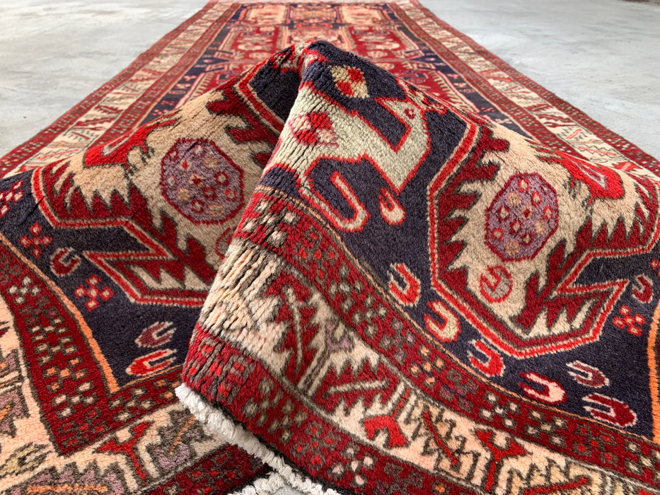 10'4 x 3'9 Hand-Knotted Persian Wool Runner Rug in Red, Navy & Ivory Tribal Geometric Design | KBHM-1055