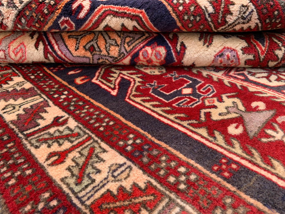 10'4 x 3'9 Hand-Knotted Persian Wool Runner Rug in Red, Navy & Ivory Tribal Geometric Design | KBHM-1055
