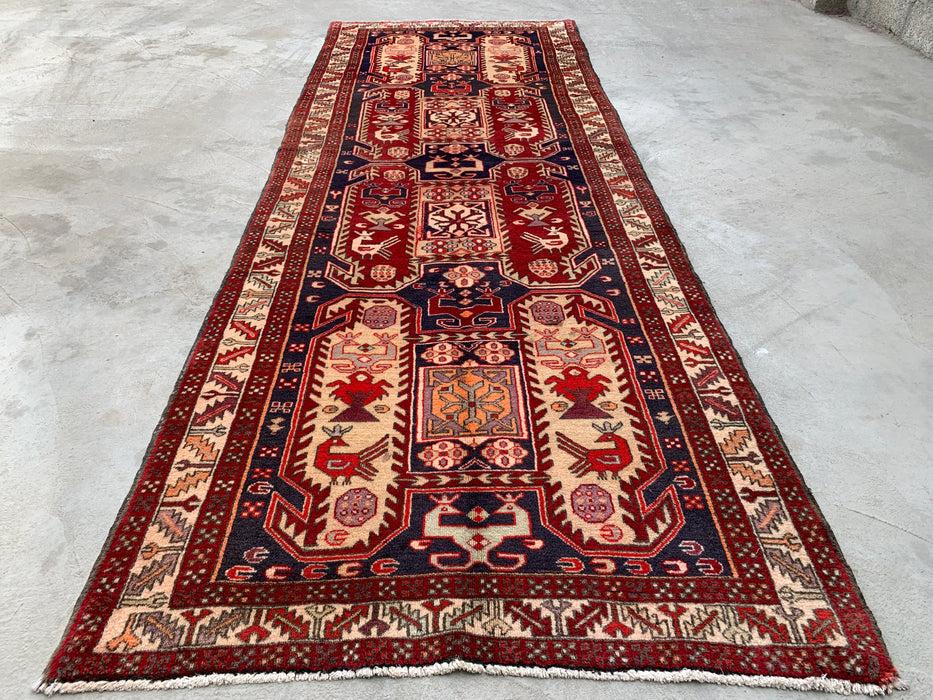 10'4 x 3'9 Hand-Knotted Persian Wool Runner Rug in Red, Navy & Ivory Tribal Geometric Design | KBHM-1055