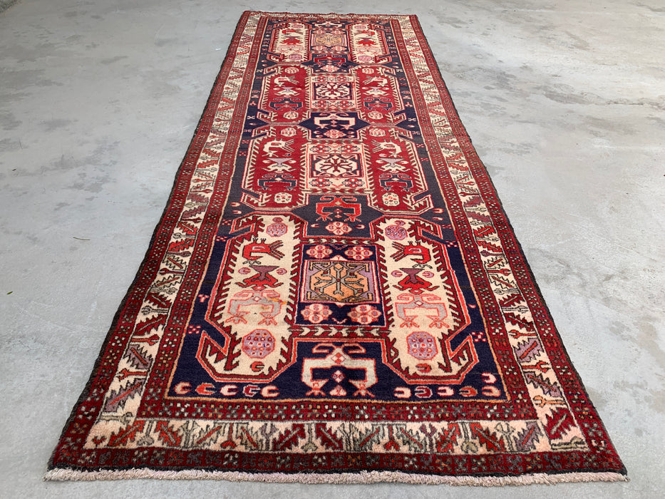 10'4 x 3'9 Hand-Knotted Persian Wool Runner Rug in Red, Navy & Ivory Tribal Geometric Design | KBHM-1055