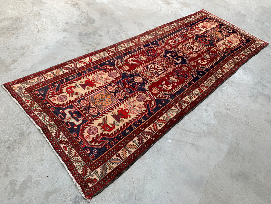 10'4 x 3'9 Hand-Knotted Persian Wool Runner Rug in Red, Navy & Ivory Tribal Geometric Design | KBHM-1055