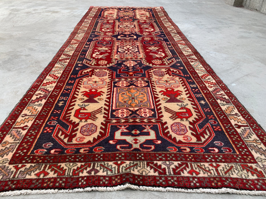 10'4 x 3'9 Hand-Knotted Persian Wool Runner Rug in Red, Navy & Ivory Tribal Geometric Design | KBHM-1055