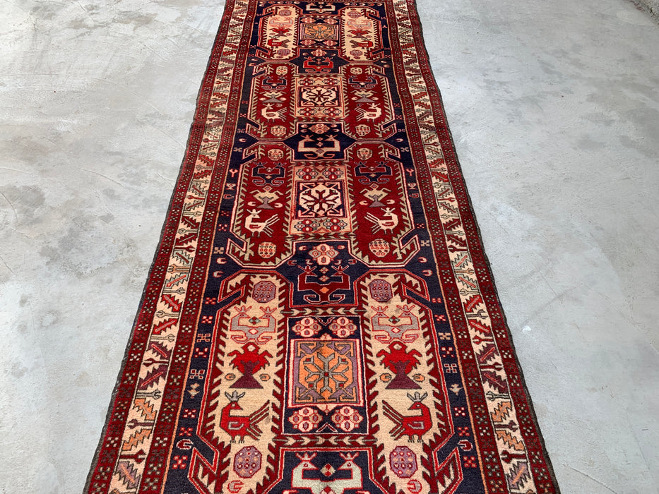 10'4 x 3'9 Hand-Knotted Persian Wool Runner Rug in Red, Navy & Ivory Tribal Geometric Design | KBHM-1055