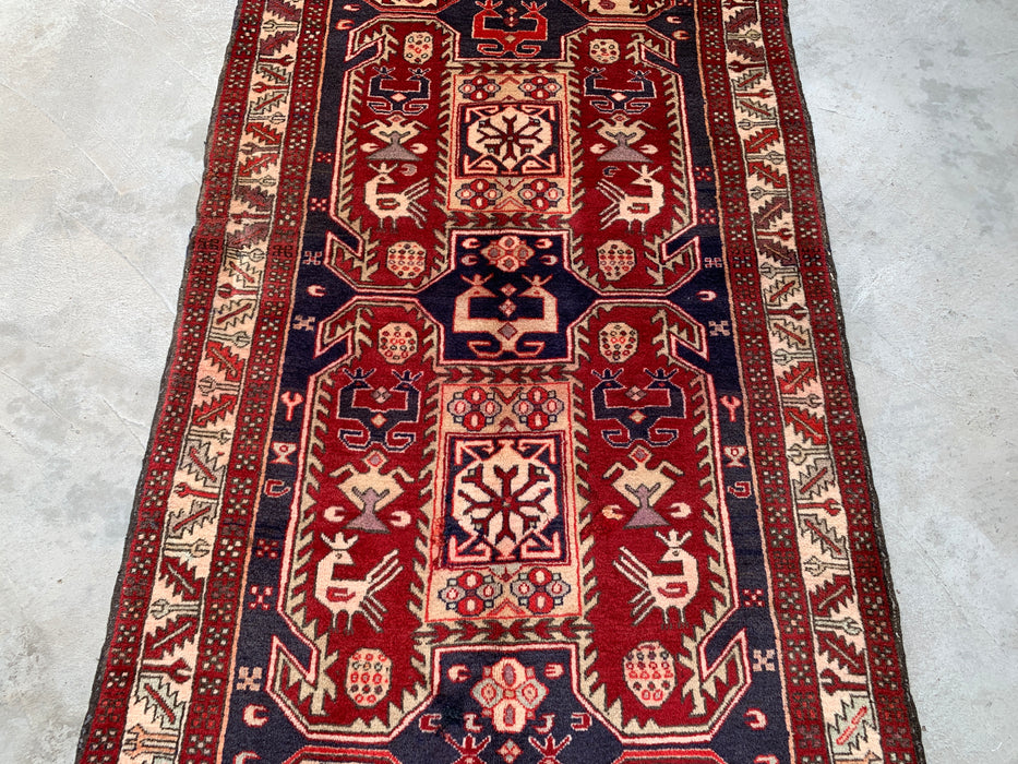 10'4 x 3'9 Hand-Knotted Persian Wool Runner Rug in Red, Navy & Ivory Tribal Geometric Design | KBHM-1055