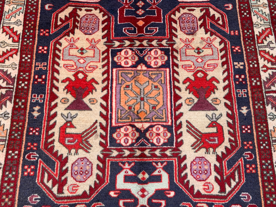 10'4 x 3'9 Hand-Knotted Persian Wool Runner Rug in Red, Navy & Ivory Tribal Geometric Design | KBHM-1055