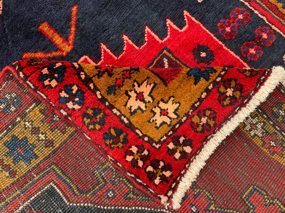 11'5 x 3'8 Hand-Knotted Persian Wool Runner Rug in Red, Navy & Gold Tribal Geometric Medallion Design | KBHM-1056