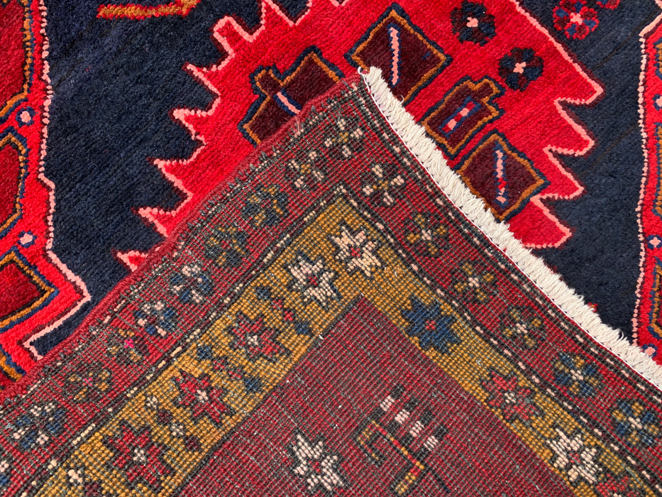 11'5 x 3'8 Hand-Knotted Persian Wool Runner Rug in Red, Navy & Gold Tribal Geometric Medallion Design | KBHM-1056