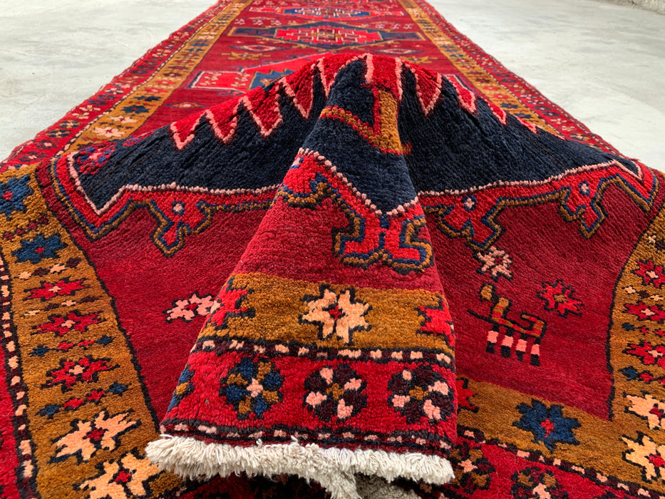 11'5 x 3'8 Hand-Knotted Persian Wool Runner Rug in Red, Navy & Gold Tribal Geometric Medallion Design | KBHM-1056