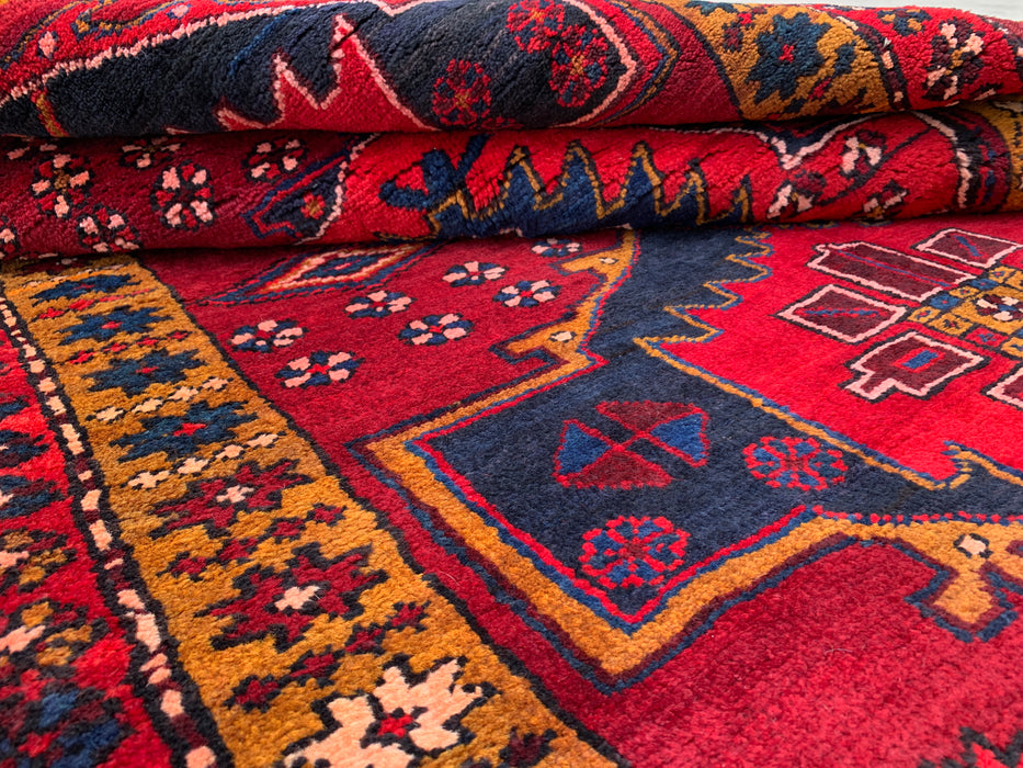 11'5 x 3'8 Hand-Knotted Persian Wool Runner Rug in Red, Navy & Gold Tribal Geometric Medallion Design | KBHM-1056