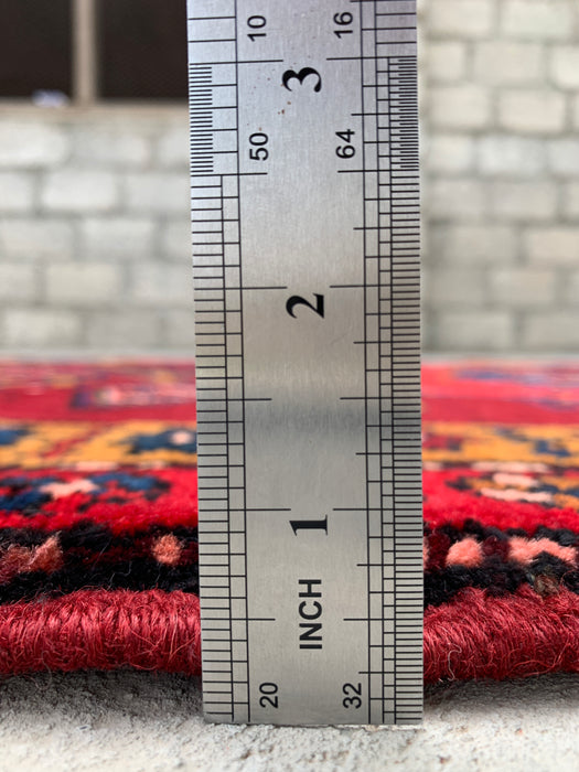 11'5 x 3'8 Hand-Knotted Persian Wool Runner Rug in Red, Navy & Gold Tribal Geometric Medallion Design | KBHM-1056
