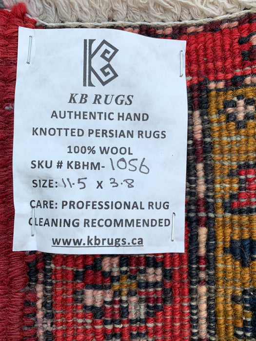 11'5 x 3'8 Hand-Knotted Persian Wool Runner Rug in Red, Navy & Gold Tribal Geometric Medallion Design | KBHM-1056