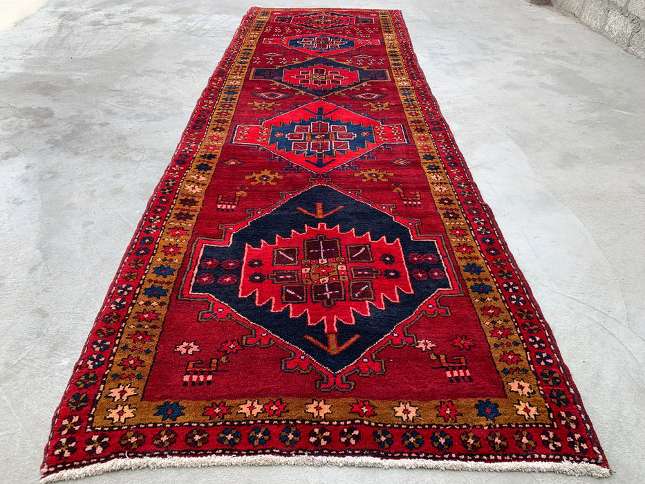 11'5 x 3'8 Hand-Knotted Persian Wool Runner Rug in Red, Navy & Gold Tribal Geometric Medallion Design | KBHM-1056