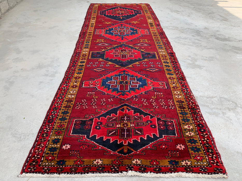 11'5 x 3'8 Hand-Knotted Persian Wool Runner Rug in Red, Navy & Gold Tribal Geometric Medallion Design | KBHM-1056