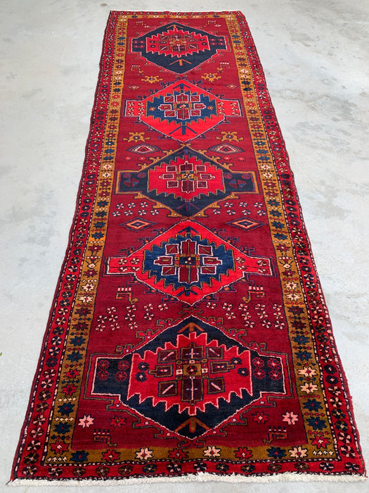 11'5 x 3'8 Hand-Knotted Persian Wool Runner Rug in Red, Navy & Gold Tribal Geometric Medallion Design | KBHM-1056