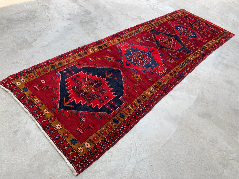 11'5 x 3'8 Hand-Knotted Persian Wool Runner Rug in Red, Navy & Gold Tribal Geometric Medallion Design | KBHM-1056
