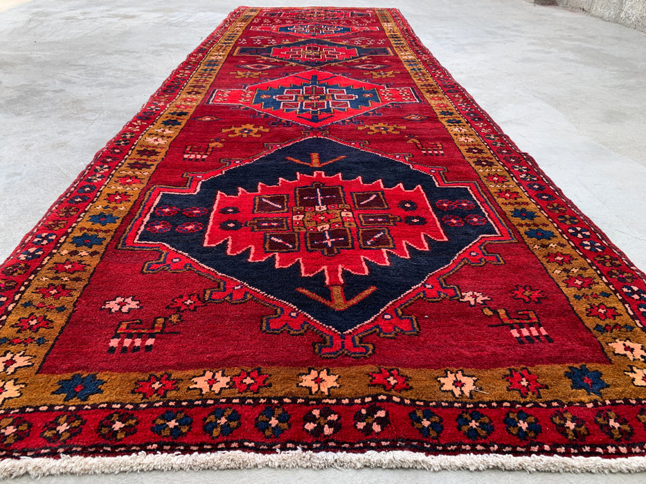 11'5 x 3'8 Hand-Knotted Persian Wool Runner Rug in Red, Navy & Gold Tribal Geometric Medallion Design | KBHM-1056