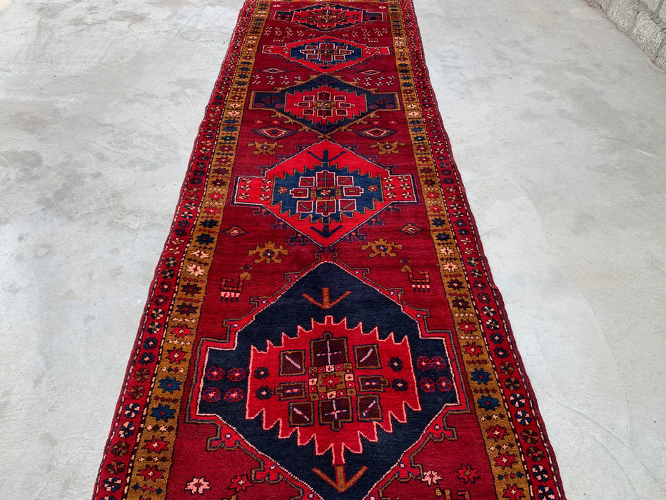 11'5 x 3'8 Hand-Knotted Persian Wool Runner Rug in Red, Navy & Gold Tribal Geometric Medallion Design | KBHM-1056
