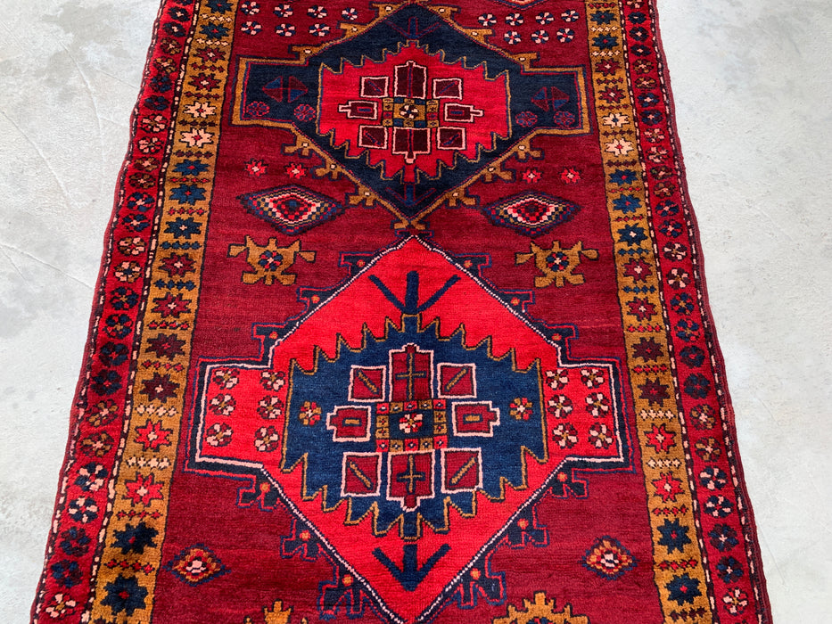 11'5 x 3'8 Hand-Knotted Persian Wool Runner Rug in Red, Navy & Gold Tribal Geometric Medallion Design | KBHM-1056
