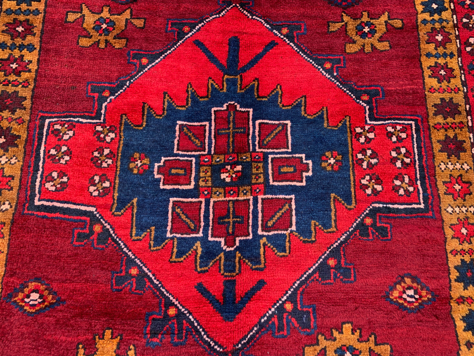 11'5 x 3'8 Hand-Knotted Persian Wool Runner Rug in Red, Navy & Gold Tribal Geometric Medallion Design | KBHM-1056