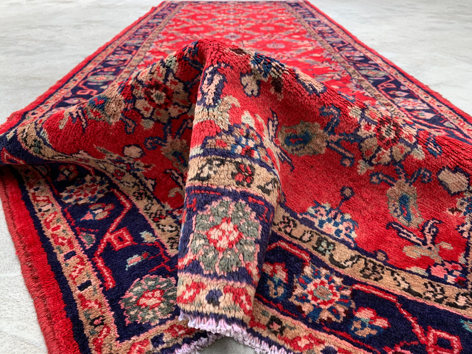 9'5 x 3'6 Hand-Knotted Persian Wool Runner Rug in Red, Navy & Ivory Traditional Floral Design | KBHM-1057