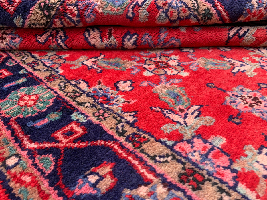9'5 x 3'6 Hand-Knotted Persian Wool Runner Rug in Red, Navy & Ivory Traditional Floral Design | KBHM-1057