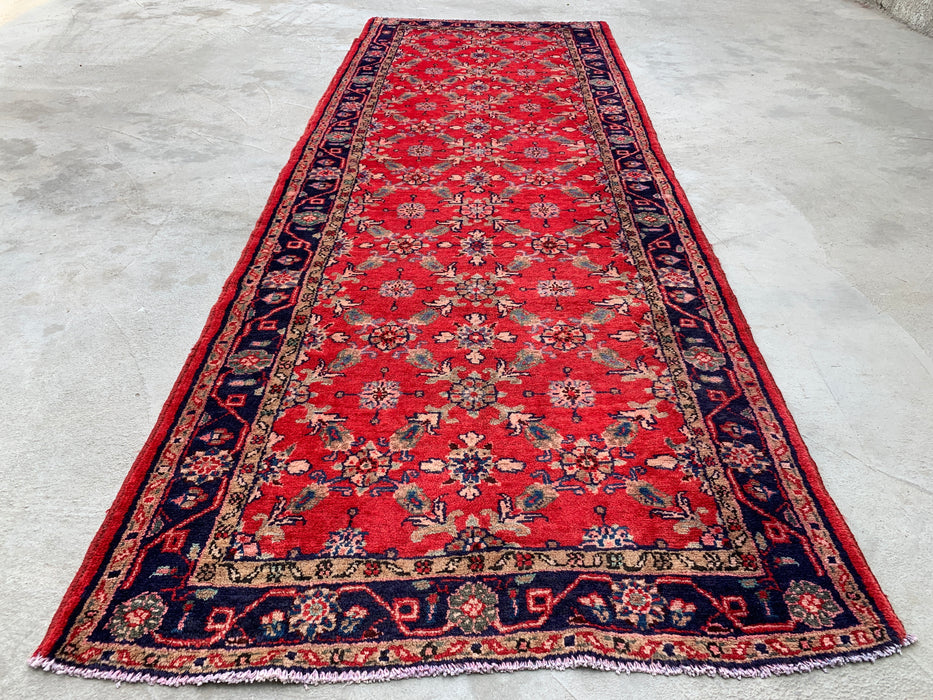9'5 x 3'6 Hand-Knotted Persian Wool Runner Rug in Red, Navy & Ivory Traditional Floral Design | KBHM-1057