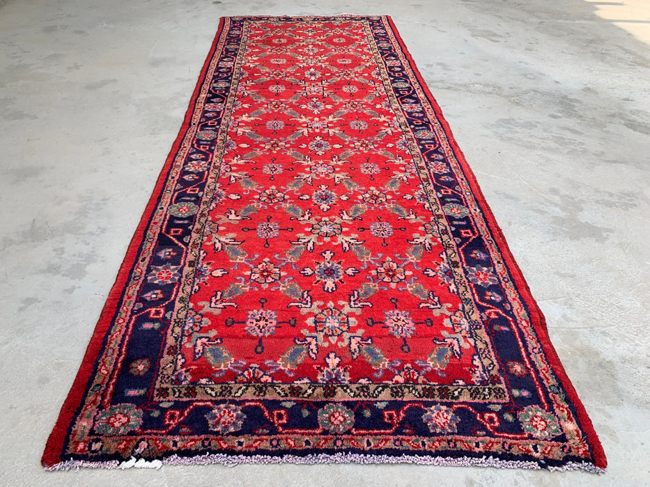 9'5 x 3'6 Hand-Knotted Persian Wool Runner Rug in Red, Navy & Ivory Traditional Floral Design | KBHM-1057