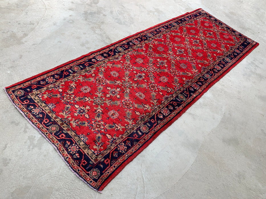 9'5 x 3'6 Hand-Knotted Persian Wool Runner Rug in Red, Navy & Ivory Traditional Floral Design | KBHM-1057