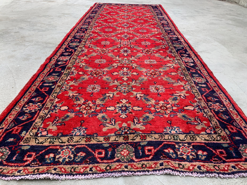 9'5 x 3'6 Hand-Knotted Persian Wool Runner Rug in Red, Navy & Ivory Traditional Floral Design | KBHM-1057
