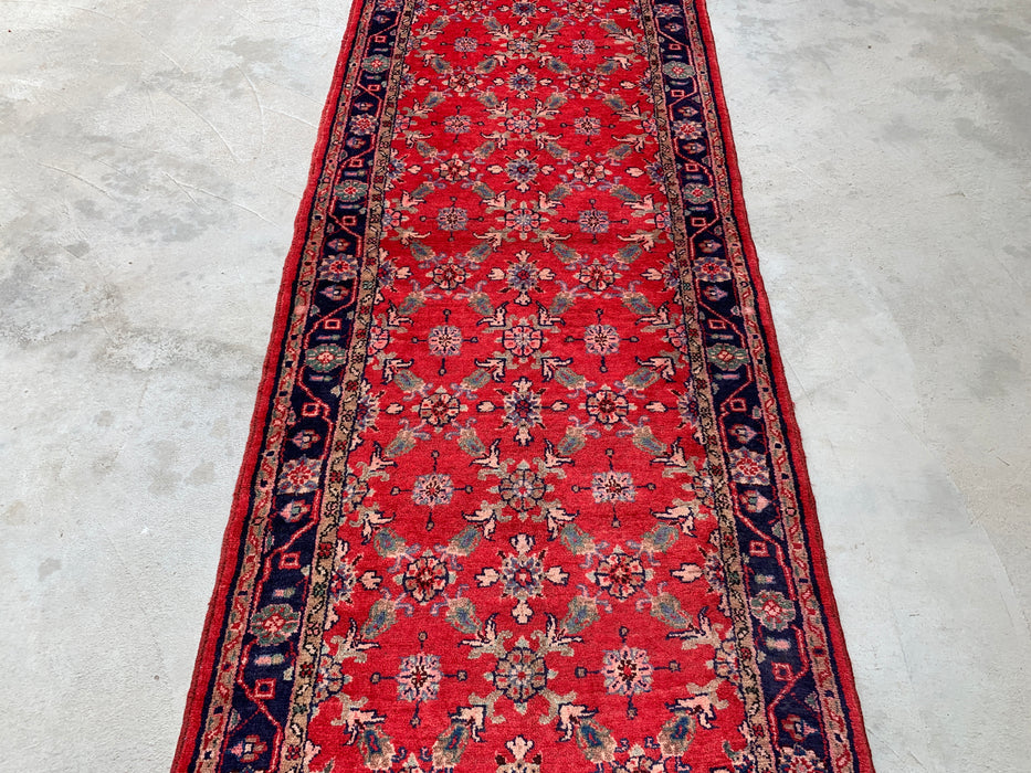 9'5 x 3'6 Hand-Knotted Persian Wool Runner Rug in Red, Navy & Ivory Traditional Floral Design | KBHM-1057