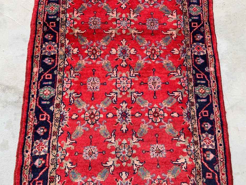 9'5 x 3'6 Hand-Knotted Persian Wool Runner Rug in Red, Navy & Ivory Traditional Floral Design | KBHM-1057