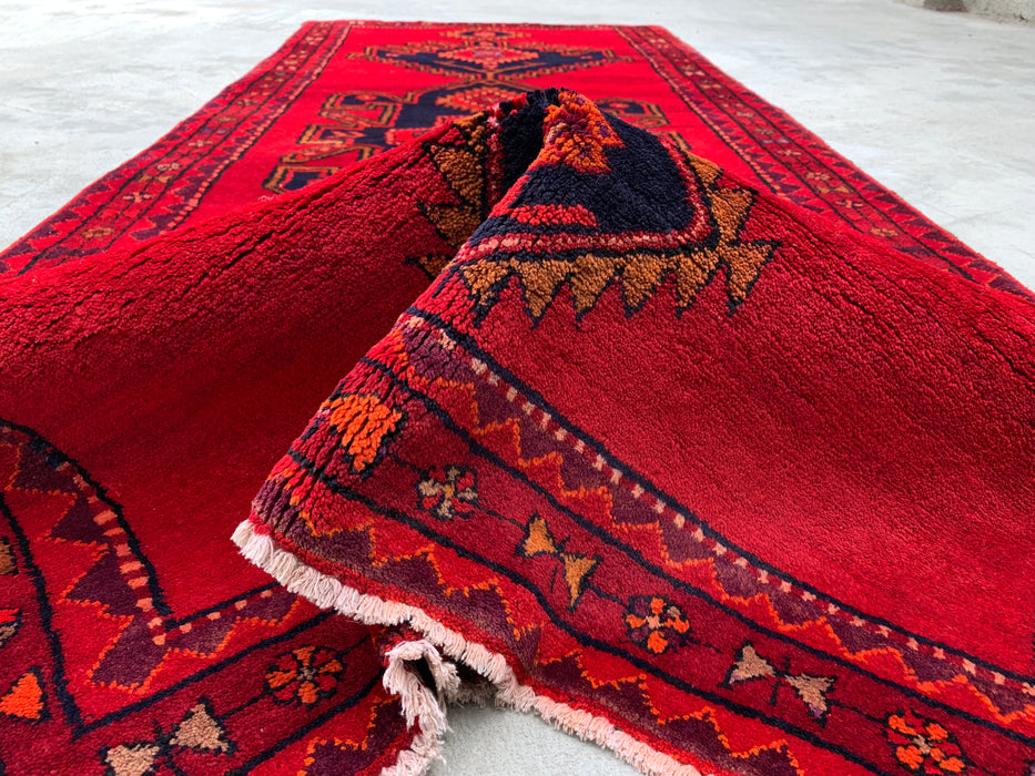 9'6 x 3'10 Hand-Knotted Persian Wool Runner Rug in Red, Navy & Gold Tribal Geometric Medallion Design | KBHM-1059