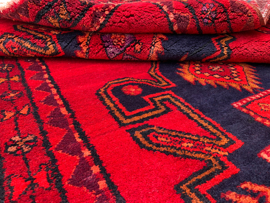 9'6 x 3'10 Hand-Knotted Persian Wool Runner Rug in Red, Navy & Gold Tribal Geometric Medallion Design | KBHM-1059