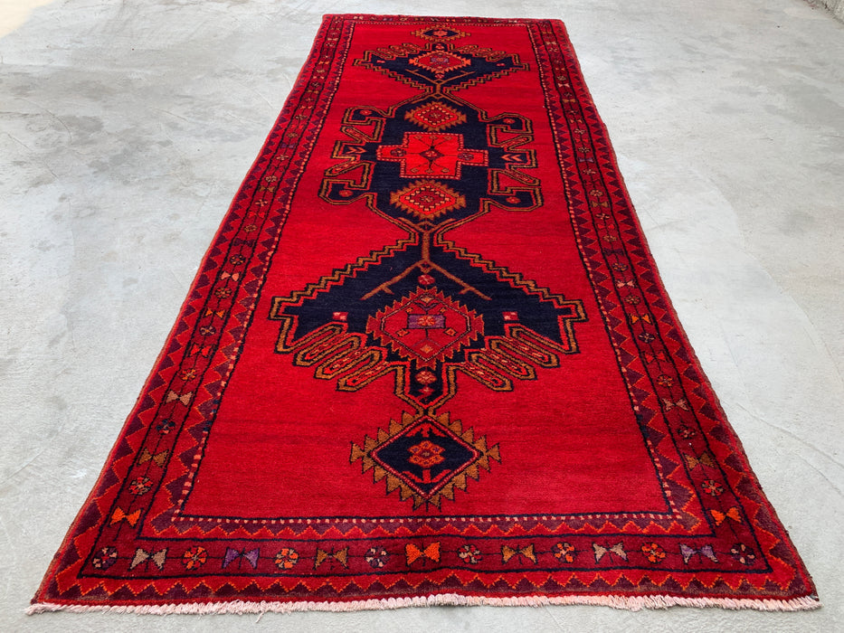 9'6 x 3'10 Hand-Knotted Persian Wool Runner Rug in Red, Navy & Gold Tribal Geometric Medallion Design | KBHM-1059