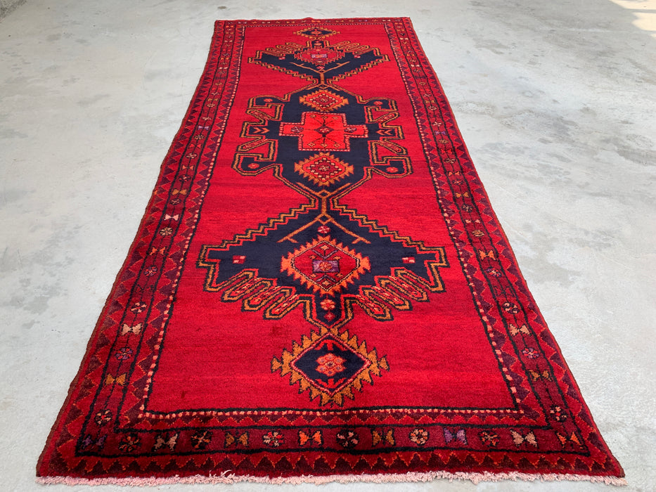 9'6 x 3'10 Hand-Knotted Persian Wool Runner Rug in Red, Navy & Gold Tribal Geometric Medallion Design | KBHM-1059
