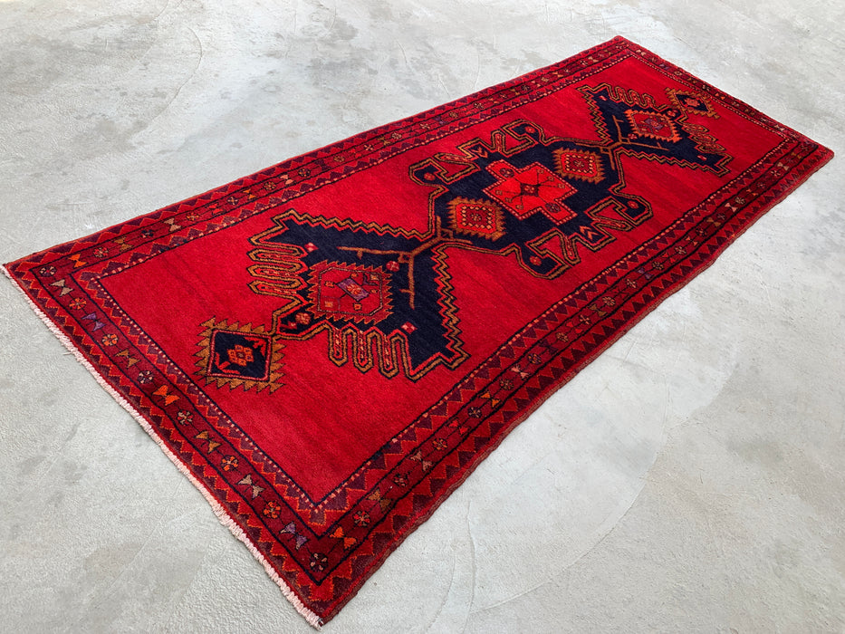 9'6 x 3'10 Hand-Knotted Persian Wool Runner Rug in Red, Navy & Gold Tribal Geometric Medallion Design | KBHM-1059
