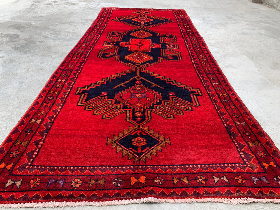 9'6 x 3'10 Hand-Knotted Persian Wool Runner Rug in Red, Navy & Gold Tribal Geometric Medallion Design | KBHM-1059