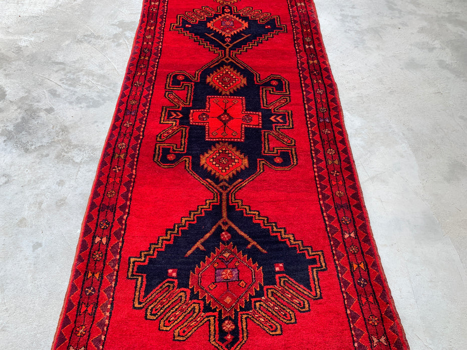 9'6 x 3'10 Hand-Knotted Persian Wool Runner Rug in Red, Navy & Gold Tribal Geometric Medallion Design | KBHM-1059