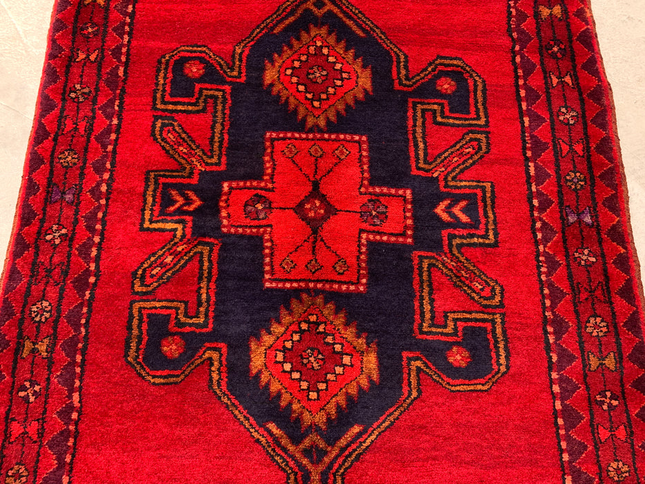 9'6 x 3'10 Hand-Knotted Persian Wool Runner Rug in Red, Navy & Gold Tribal Geometric Medallion Design | KBHM-1059