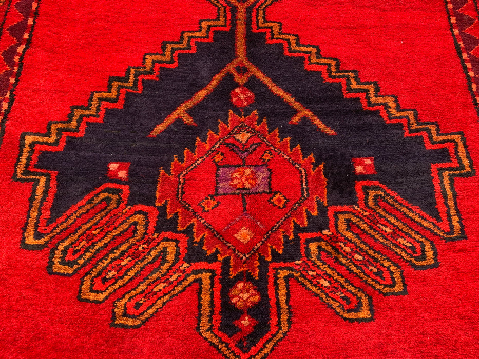 9'6 x 3'10 Hand-Knotted Persian Wool Runner Rug in Red, Navy & Gold Tribal Geometric Medallion Design | KBHM-1059