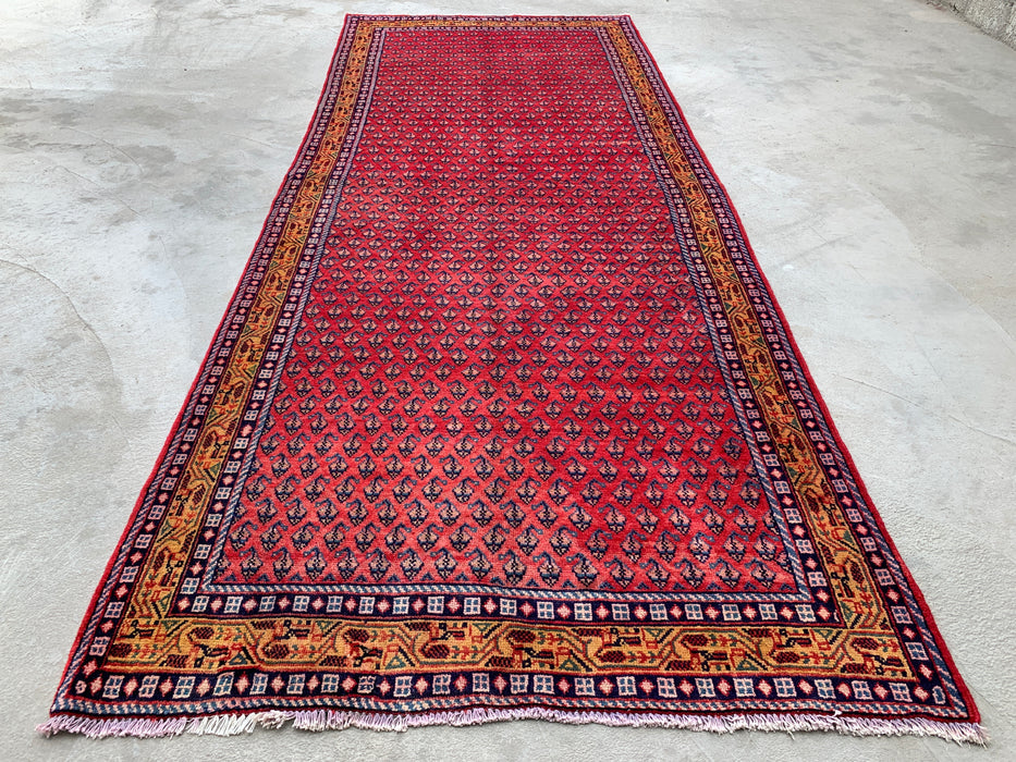 10'6 x 4'2 Hand-Knotted Persian Wool Runner Rug in Red, Blue & Gold Allover Motif Design | KBHM-1063