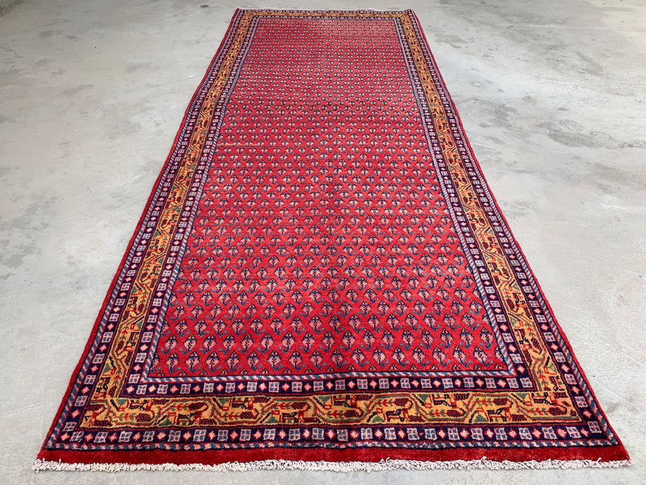 10'6 x 4'2 Hand-Knotted Persian Wool Runner Rug in Red, Blue & Gold Allover Motif Design | KBHM-1063