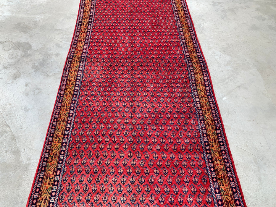 10'6 x 4'2 Hand-Knotted Persian Wool Runner Rug in Red, Blue & Gold Allover Motif Design | KBHM-1063