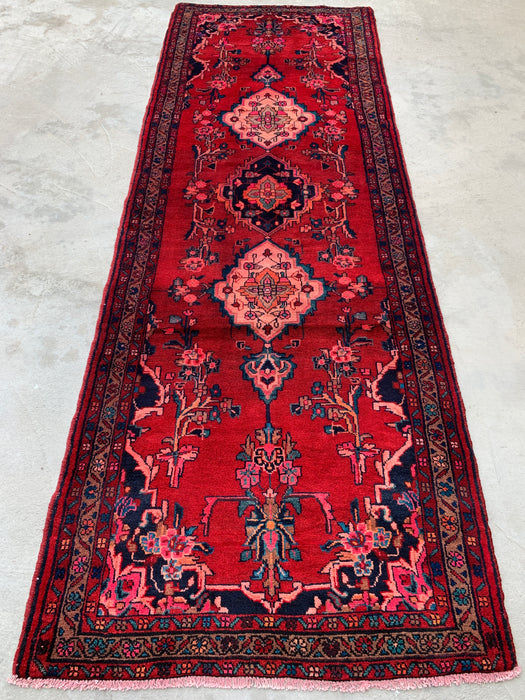 10'7 x 3'7 Hand-Knotted Persian Wool Runner Rug in Red, Navy & Ivory Traditional Medallion Design | KBHM-1067