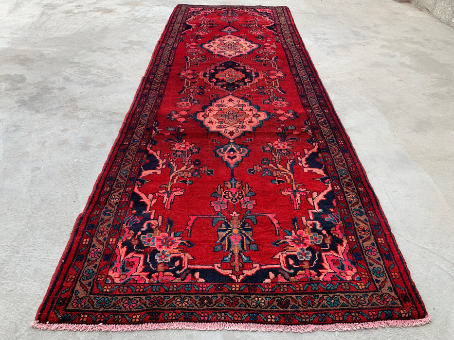 10'7 x 3'7 Hand-Knotted Persian Wool Runner Rug in Red, Navy & Ivory Traditional Medallion Design | KBHM-1067