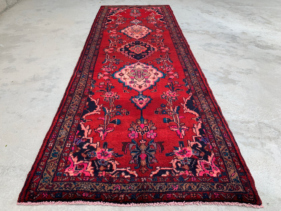 10'7 x 3'7 Hand-Knotted Persian Wool Runner Rug in Red, Navy & Ivory Traditional Medallion Design | KBHM-1067
