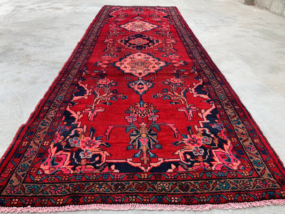 10'7 x 3'7 Hand-Knotted Persian Wool Runner Rug in Red, Navy & Ivory Traditional Medallion Design | KBHM-1067