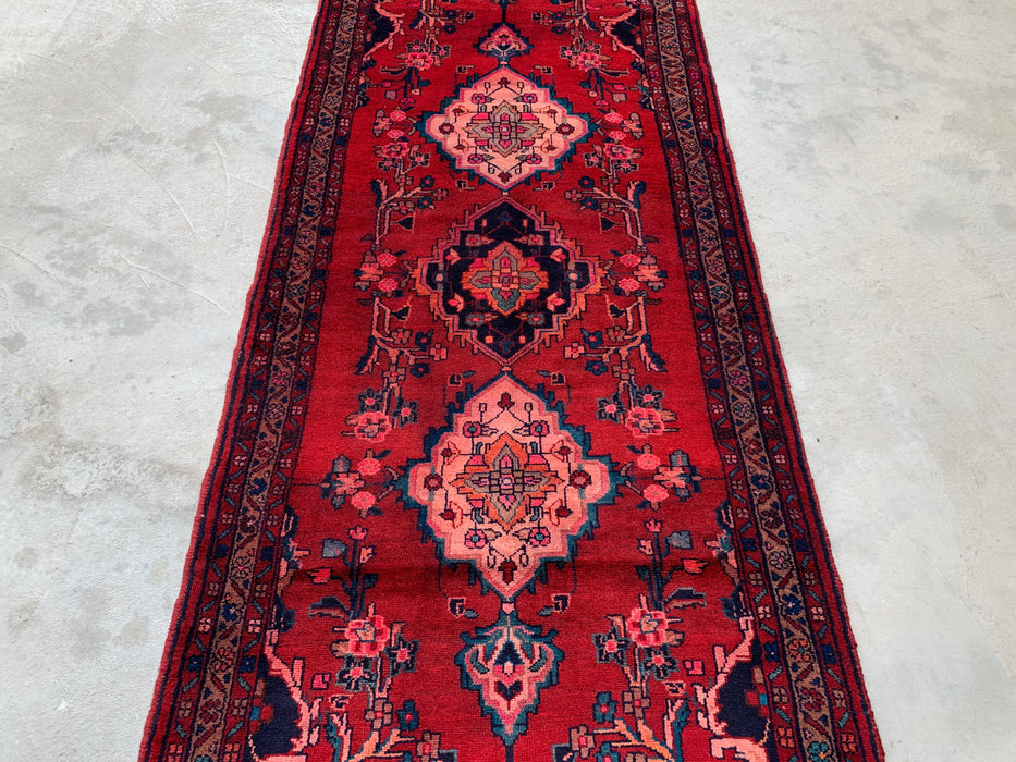 10'7 x 3'7 Hand-Knotted Persian Wool Runner Rug in Red, Navy & Ivory Traditional Medallion Design | KBHM-1067