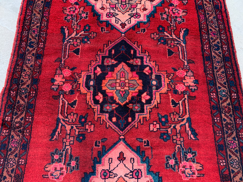 10'7 x 3'7 Hand-Knotted Persian Wool Runner Rug in Red, Navy & Ivory Traditional Medallion Design | KBHM-1067